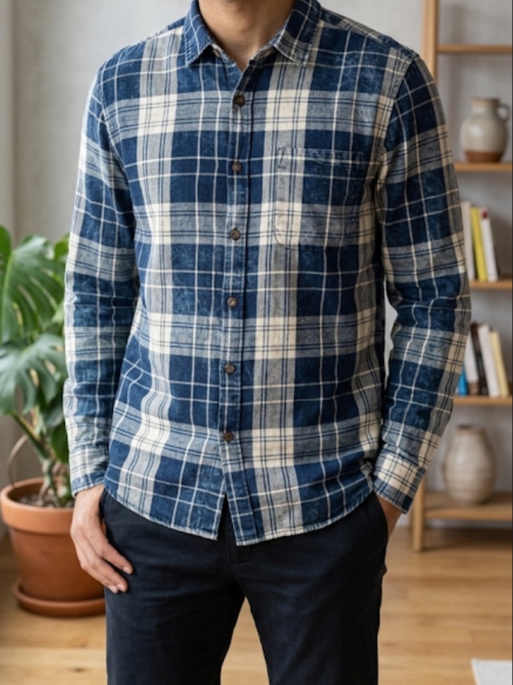 Zip Code 1992 Mens Large Blue White Plaid Flannel Button Up Long Sleeve Shirt